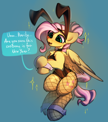 Size: 3845x4347 | Tagged: safe, artist:gicme, imported from derpibooru, fluttershy, pegasus, pony, blushing, bunny ears, bunny suit, bunnyshy, chest fluff, clothes, cuffs (clothes), female, fishnets, mare, solo, text