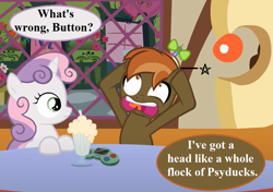 Size: 945x665 | Tagged: safe, artist:jan, edit, imported from derpibooru, button mash, sweetie belle, pony, button's adventures, cropped, dialogue, duo, hat, headache, joy boy, milkshake, pain star, pokémon, propeller hat, speech bubble