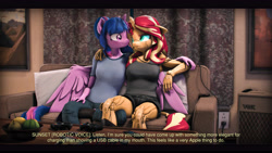 Size: 9600x5400 | Tagged: safe, artist:imafutureguitarhero, imported from derpibooru, sci-twi, sunset shimmer, twilight sparkle, alicorn, anthro, classical unicorn, robot, robot pony, unguligrade anthro, unicorn, 3d, absurd file size, absurd resolution, amplifier, aperture, aperture iris, arm fluff, arm freckles, black bars, boots, cable, charging, cheek fluff, chest freckles, chromatic aberration, clothes, coffee table, colored eyebrows, colored eyelashes, controller, couch, curtains, denim, dialogue, dialogue in the description, duo, ear fluff, ear freckles, female, film grain, floppy ears, freckles, fruit, fruit bowl, gynoid, hoof boots, horn, iphone, jeans, leather, leather boots, leonine tail, lesbian, long nails, looking at each other, looking at someone, magazine, mare, multicolored hair, multicolored mane, multicolored tail, one ear down, outlet, painting, paintover, pants, peppered bacon, pillow, plug, remote, revamped anthros, revamped ponies, roboticization, scitwilicorn, scitwishimmer, shimmerbot, shipping, shirt, shoes, shorts, signature, sitting, smiling, source filmmaker, story included, subtitles, sunset shimmer is not amused, sunsetsparkle, table, tail, tail fluff, tanktop, text, unamused, usb, wall of tags, wing fluff, wing freckles, wings, xbox 360 controller