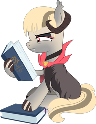 Size: 1562x2013 | Tagged: safe, artist:pure-blue-heart, imported from derpibooru, oc, oc only, oc:forbidden knowledge, bat pony, pony, book, cloak, clothes, commission, fangs, horns, male, nose wrinkle, reading, simple background, solo, stallion, stallion oc, transparent background, two toned mane