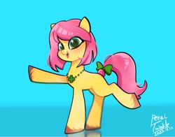 Size: 1368x1074 | Tagged: safe, artist:petaltwinkle, imported from derpibooru, earth pony, pony, spoiler:g5, spoiler:my little pony: tell your tale, spoiler:tyts01e41, a day in the life, adoraposey, alternate hairstyle, bow, cute, extended trot pose, female, g5, gradient background, jewelry, mare, my little pony: tell your tale, necklace, open mouth, open smile, posey bloom, raised hoof, raised leg, scene interpretation, short mane, slim, smiling, solo, standing, tail, tail bow, thin, three quarter view, unshorn fetlocks