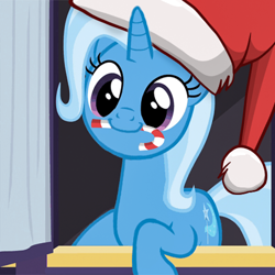 Size: 500x500 | Tagged: safe, edit, edited screencap, imported from derpibooru, screencap, trixie, pony, unicorn, to where and back again, candy, candy cane, christmas, cute, diatrixes, food, hat, holiday, santa hat, show accurate, solo, to saddlebags and back again