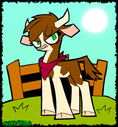 Size: 1596x1712 | Tagged: safe, artist:xxv4mp_g4z3rxx, imported from derpibooru, cow, them's fightin' herds, arizona (tfh), bandana, cloven hooves, community related, day, female, fence, grass, green eyes, horns, solo, sun