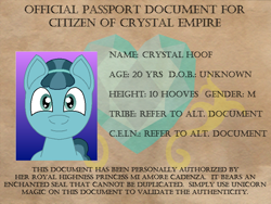 Size: 800x600 | Tagged: safe, artist:origami_fimfic, imported from derpibooru, crystal hoof, thorax, disguise, disguised changeling, fanfic, passport, solo