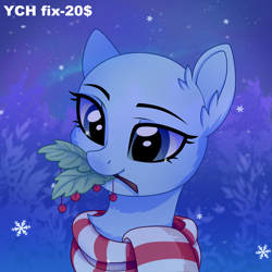 Size: 3500x3500 | Tagged: safe, artist:fluffywhirlpool, imported from derpibooru, oc, pony, advertisement, any gender, any race, bust, christmas, clothes, commission, cute, ear fluff, holiday, holly, holly mistaken for mistletoe, looking at something, mouth hold, portrait, scarf, sky, sky background, smiling, snow, solo, striped scarf, tree, your character here