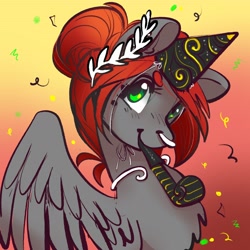 Size: 2400x2400 | Tagged: safe, artist:opalacorn, imported from derpibooru, oc, oc only, oc:void, pegasus, pony, confetti, female, gradient background, hair bun, hat, high res, mare, mouth hold, nose piercing, nose ring, party hat, party horn, pegasus oc, piercing, solo