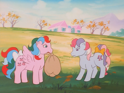 Size: 960x720 | Tagged: safe, imported from derpibooru, screencap, sweet stuff, whizzer, earth pony, pegasus, pony, twinkle eyed pony, my little pony 'n friends, sweet stuff and the treasure hunt, bow, duo, female, g1, mare, tail, tail bow