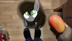 Size: 3840x2160 | Tagged: safe, artist:razoruniboop, imported from derpibooru, oc, oc:razoruniboop, bat pony, changeling, human, pegasus, clothes, cute, eye, eyes, food, hand, irl, irl human, legs, male, mango, photo, puppy dog eyes, socks, stallion