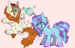 Size: 1554x1000 | Tagged: safe, artist:vashtwiist, imported from derpibooru, autumn blaze, kirin, pony, unicorn, chest fluff, cloven hooves, duo, fluffy, food, frog (hoof), g5, generation leap, glowing, glowing horn, hoofbutt, horn, magic, magic aura, misty brightdawn, pink background, popcorn, simple background, telekinesis, underhoof, watermark