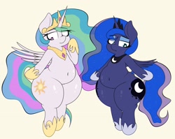 Size: 3472x2768 | Tagged: safe, artist:blitzyflair, imported from derpibooru, princess celestia, princess luna, alicorn, semi-anthro, belly, belly button, chubby, crown, duo, female, hoof shoes, jewelry, lidded eyes, looking back, looking down, mare, peytral, regalia, royal sisters, siblings, sisters, thighs, wide hips