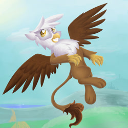 Size: 1280x1280 | Tagged: safe, artist:pzkratzer, imported from derpibooru, gilda, griffon, belly button, cute, digital art, flying, gildadorable, happy, paws, smiling, solo, spread wings, talons, wings