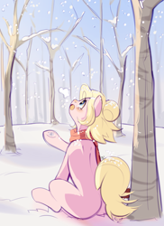 Size: 2149x2944 | Tagged: safe, artist:pledus, imported from derpibooru, oc, oc only, oc:kara waypoint, earth pony, pony, clothes, female, forest, mare, scarf, snow, snowfall, snowflake, solo, winter