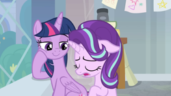 Size: 1758x988 | Tagged: safe, imported from derpibooru, screencap, starlight glimmer, twilight sparkle, alicorn, pony, unicorn, a horse shoe-in, duo, duo female, female, school of friendship, twilight sparkle (alicorn)