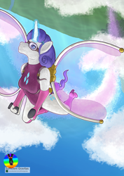 Size: 2480x3508 | Tagged: safe, artist:sufficientgravitas, imported from derpibooru, rarity, anthro, unicorn, artificial wings, augmented, clothes, female, flying, glowing, glowing horn, goggles, horn, jetpack, leotard, mechanical wing, sky, solo, wings