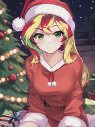 Size: 512x682 | Tagged: safe, imported from derpibooru, sunset shimmer, human, ai content, ai generated, beautiful, christmas, christmas lights, christmas tree, female, generator:novelai, generator:stable diffusion, hat, holiday, humanized, looking at you, santa hat, solo, tree