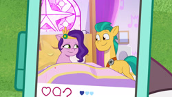 Size: 3072x1727 | Tagged: safe, imported from derpibooru, screencap, hitch trailblazer, pipp petals, earth pony, pegasus, pony, spoiler:g5, spoiler:my little pony: tell your tale, spoiler:tyts01e41, a day in the life, cellphone, dahlia, duo, duo focus, duo male and female, female, g5, high res, male, mare, my little pony: tell your tale, phone, smartphone, smiling, stallion, youtube link