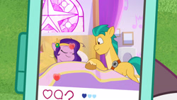 Size: 3072x1727 | Tagged: safe, imported from derpibooru, screencap, hitch trailblazer, pipp petals, earth pony, pegasus, pony, spoiler:g5, spoiler:my little pony: tell your tale, spoiler:tyts01e41, a day in the life, cellphone, dahlia, duo, duo focus, duo male and female, eyes closed, female, g5, high res, male, mare, my little pony: tell your tale, phone, sleeping, smartphone, smiling, stallion, youtube link