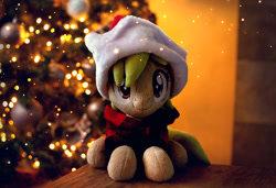 Size: 1700x1162 | Tagged: safe, artist:meplushyou, imported from derpibooru, oc, oc only, oc:pixie, pony, christmas, christmas tree, hat, holiday, irl, not derpy, photo, plushie, solo, tree