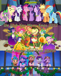 Size: 1920x2400 | Tagged: safe, edit, edited screencap, editor:itsmgh1203, imported from derpibooru, screencap, applejack, fluttershy, hitch trailblazer, izzy moonbow, pinkie pie, pipp petals, rainbow dash, rarity, sci-twi, spike, starlight glimmer, sunny starscout, sunset shimmer, twilight sparkle, zipp storm, alicorn, dragon, earth pony, human, pegasus, pony, unicorn, a hearth's warming tail, equestria girls, equestria girls series, holidays unwrapped, season 6, spoiler:eqg series (season 2), spoiler:g5, spoiler:winter wishday, 3d, ^^, applejack's hat, bipedal, canterlot high, christmas, clothes, cornucopia costumes, cowboy hat, crystal brighthouse, cute, dashabetes, eyes closed, g5, hat, hearth's warming eve is here once again, holiday, humane five, humane seven, humane six, jackabetes, mane five (g5), mane seven, mane six, my little pony: make your mark, my little pony: make your mark chapter 3, night, o come all ye squashful, open mouth, open smile, raribetes, shoes, smiling, text, twilight sparkle (alicorn), twilight's castle, winter wishday