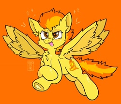 Size: 1854x1597 | Tagged: safe, artist:spookyfoxinc, imported from derpibooru, spitfire, pegasus, pony, chest fluff, eyeshadow, fangs, female, flying, heart, heart eyes, makeup, mare, open mouth, open smile, orange background, simple background, smiling, smug, solo, spread wings, wingding eyes, wings