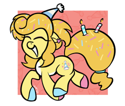 Size: 1840x1563 | Tagged: safe, artist:single purpose, imported from derpibooru, oc, oc only, oc:birthday bash, earth pony, candle, eyes closed, hat, party hat, solo