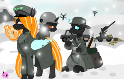 Size: 3584x2296 | Tagged: safe, artist:mairiathus, imported from derpibooru, oc, changeling, equestria at war mod, cannon, cap, clothes, eyebrows, hat, helmet, horn, orange changeling, raised eyebrow, signature, snow, truck, war, wings, winter