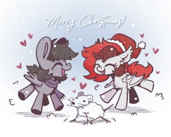 Size: 1280x1024 | Tagged: safe, artist:sugar morning, imported from derpibooru, oc, oc only, bat pony, pegasus, pony, rat, christmas, clothes, eyes closed, happy, hat, heart, holiday, merry christmas, open mouth, open smile, santa hat, scarf, smiling, snowman