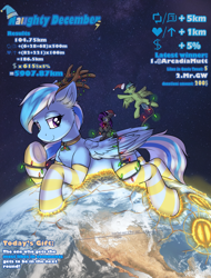 Size: 1556x2048 | Tagged: safe, artist:ravistdash, imported from derpibooru, oc, oc only, oc:light touch, oc:ravist, pony, christmas, clothes, destruction, earth, female, growth drive, holiday, lying down, macro, mare, smiling, smirk, socks, striped socks, text