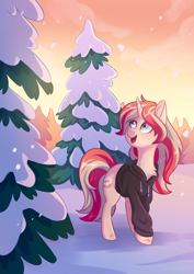 Size: 1240x1754 | Tagged: safe, artist:skysorbett, imported from derpibooru, oc, oc only, oc:dashka bun, pony, unicorn, clothes, female, fir tree, forest, hoodie, mare, open mouth, snow, solo, tree, winter
