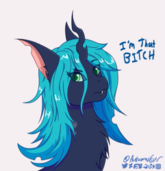 Size: 1155x1200 | Tagged: safe, artist:autumnsfur, imported from derpibooru, queen chrysalis, changeling, changeling queen, angry, annoyed, bitch, blue hair, bust, chest fluff, digital art, ear fluff, female, green eyes, hair over eyes, hair over one eye, horn, logo, long ears, long hair, long mane, looking away, mare, sharp teeth, signature, simple background, solo, teeth, tooth, tooth gap, vulgar