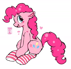 Size: 1743x1693 | Tagged: safe, artist:spookyfoxinc, imported from derpibooru, pinkie pie, earth pony, pony, clothes, floppy ears, heart, simple background, sitting, socks, solo, striped socks, white background