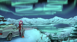 Size: 4700x2600 | Tagged: safe, artist:apocheck13, imported from derpibooru, oc, oc only, oc:bubblegum kiss, anthro, plantigrade anthro, unicorn, aurora borealis, car, commission, female, ford mustang, lake, mountain, mountain range, night, scenery, shelby gt500, snow, solo, water, winter