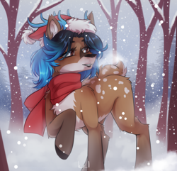 Size: 2598x2500 | Tagged: artist needed, safe, imported from derpibooru, oc, oc only, oc:alune, deer, deer pony, original species, christmas, clothes, forest, hat, holiday, santa hat, scarf, snow, snowfall, tree