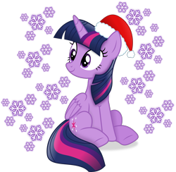 Size: 5564x5438 | Tagged: safe, artist:anime-equestria, imported from derpibooru, twilight sparkle, alicorn, pony, christmas, cute, female, happy, hat, holiday, horn, mare, simple background, sitting, smiling, snow, snowflake, solo, transparent background, twiabetes, twilight sparkle (alicorn), vector, wings
