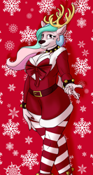 Size: 1600x3000 | Tagged: safe, artist:sixes&sevens, imported from derpibooru, princess celestia, anthro, deer, reindeer, antlers, beckoning, bells, belt, bow, candy, candy cane, christmas, clothes, costume, deerlestia, female, food, holiday, looking at you, reindeerified, santa costume, smiling, snow, snowflake, socks, solo, species swap