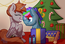 Size: 3000x2000 | Tagged: safe, artist:exobass, imported from derpibooru, oc, oc only, oc:azure star (fauli1221), oc:funny jo, alicorn, bat pony, pony, alicorn oc, bat pony oc, bat wings, box, candy, candy cane, christmas, complex background, fangs, female, food, holiday, horn, mare, pony in a box, present, tree, wings
