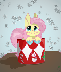 Size: 1000x1185 | Tagged: safe, artist:pagophasia, derpibooru exclusive, imported from derpibooru, fluttershy, pegasus, pony, blushing, candy, candy cane, colored hooves, cup, cup of pony, cute, female, food, impossibly long eyelashes, looking at you, micro, mug, shyabetes, simple background, smiling, smiling at you, snow, snowflake, snowman, snowpony, solo, table, tree, unshorn fetlocks, vignette