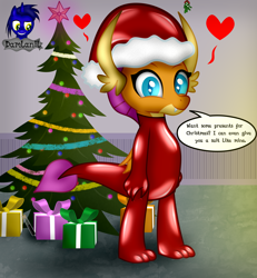 Size: 3840x4154 | Tagged: safe, alternate version, artist:damlanil, imported from derpibooru, smolder, dragon, bodysuit, catsuit, christmas, christmas decoration, christmas tree, clothes, comic, cute, dragon wings, dragoness, eyelashes, female, floating heart, happy, hat, heart, hearth's warming, holiday, horns, latex, latex suit, looking at you, mistletoe, present, rubber, santa hat, shiny, show accurate, smiling, smiling at you, smolderbetes, solo, speech bubble, standing, suit, talking to viewer, test tube, text, tree, vector, wings