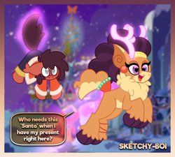 Size: 4000x3600 | Tagged: safe, artist:snakeythingy, imported from derpibooru, saffron masala, oc, oc:sketchy dupe, deer, earth pony, pony, reindeer, best gift ever, canon x oc, christmas, earth pony oc, fluffy, glowing, glowing horn, holiday, horn, magic, magic aura, reindeerified, species swap, story included, telekinesis