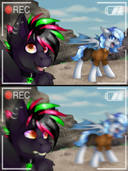 Size: 3000x4000 | Tagged: safe, artist:chvrchgrim, imported from derpibooru, oc, oc only, oc:krypt, oc:peace keeper, bat pony, pegasus, pony, 2 panel comic, bared teeth, bat pony oc, bat wings, blue eyes, blue hair, blurry background, camera, camera shot, detailed background, ear piercing, emo, fangs, filming, hissing, lip piercing, motion blur, multicolored hair, orange eyes, pegasus oc, piercing, recording, wings