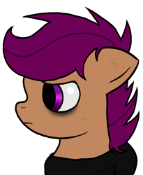 Size: 1924x2351 | Tagged: safe, artist:taeko, imported from derpibooru, scootaloo, pegasus, pony, fanfic:rainbow factory, 2022, absentia, clothes, factory scootaloo, fanfic art, female, filly, floppy ears, foal, frown, hoodie, looking offscreen, side view, simple background, solo, transparent background