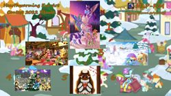 Size: 3000x1688 | Tagged: safe, artist:expee, artist:swordsmen, imported from derpibooru, applejack, derpy hooves, dj pon-3, fluttershy, pinkie pie, rainbow dash, rarity, twilight sparkle, vinyl scratch, oc, alicorn, unicorn, 3d, christmas, christmas tree, clothes, contest, contest winner, costume, festive, food, hat, hearth's warming eve, holiday, hot coco, mane six, marshmallow, present, santa hat, scarf, snowball, snowball fight, snowpony, tree