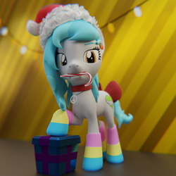 Size: 3240x3240 | Tagged: safe, artist:the luna fan, imported from derpibooru, oc, oc only, oc:sweet elis, earth pony, pony, 3d, blender, blender cycles, candy, candy cane, christmas, christmas lights, clothes, female, food, hat, high res, holiday, looking at you, mare, mouth hold, pansexual, pansexual pride flag, peace sign, present, pride, pride flag, santa hat, socks, striped socks