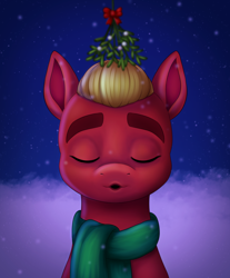 Size: 1684x2032 | Tagged: safe, artist:malarkey, imported from derpibooru, sprout cloverleaf, earth pony, pony, clothes, eyes closed, g5, kissy face, male, mistletoe, scarf, snow, solo, stallion