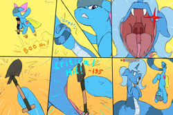 Size: 3000x2000 | Tagged: safe, artist:triksa, imported from derpibooru, oc, oc only, oc:cuteamena, oc:triksa, earth pony, lamia, original species, comic, critical hit, fangs, helmet, imminent vore, implied vore, mawshot, open mouth, red eyes, rocket jump, rocket launcher, shovel, sketch, soldier, stunned, team fortress 2, tongue sheath, upside down, uvula, weapon