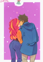 Size: 1400x2000 | Tagged: safe, artist:sozglitch, imported from derpibooru, sunset shimmer, oc, oc:generic messy hair anime anon, human, ass, blushing, bunset shimmer, butt, canon x oc, clothes, coat, denim, duo, eyes closed, female, humanized, jeans, kiss on the lips, kissing, large butt, male, mistletoe, pants, purple background, shipping, simple background, snow, snowfall, straight