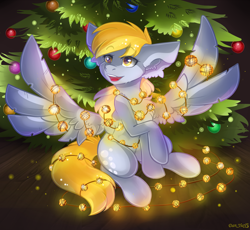 Size: 1880x1732 | Tagged: safe, artist:yuris, imported from derpibooru, derpy hooves, ditzy doo, pegasus, pony, big ears, christmas, christmas tree, commission, ears back, female, garland, holiday, new year, open mouth, smiling, solo, spread wings, string lights, tree, wings