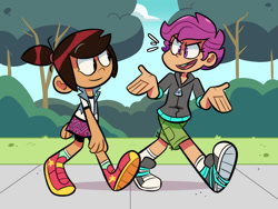 Size: 1280x961 | Tagged: safe, artist:yourhardnerdcollectr, imported from derpibooru, scootaloo, human, equestria girls, bush, clothes, converse, crossover, disney, duo, duo female, female, friends, grass, jacket, molly mcgee, shoes, shorts, sidewalk, sneakers, stroll, talking, the ghost and molly mcgee, tree, walking