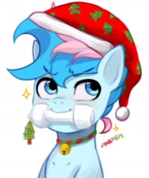 Size: 1586x1895 | Tagged: safe, artist:maren, imported from derpibooru, oc, oc only, oc:blue chewings, pony, bell, bell collar, chew toy, christmas, collar, hat, holiday, mouth hold, santa hat, simple background, solo, white background