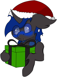 Size: 4393x5944 | Tagged: safe, artist:skylarpalette, imported from derpibooru, oc, oc only, oc:bluey, changeling, pony, blue blush, blue changeling, blushing, changeling oc, christmas, christmas changeling, clothes, commission, cute, hat, holes, holiday, horn, jacket, looking down, male, present, santa hat, simple background, simple shading, solo, stallion, transparent background, ych result